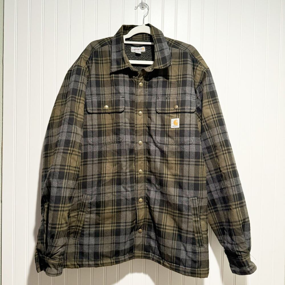 Carhartt Hubbard Plaid Flannel Sherpa Lined Jacket Mens Large Green Gray - Picture 1 of 7
